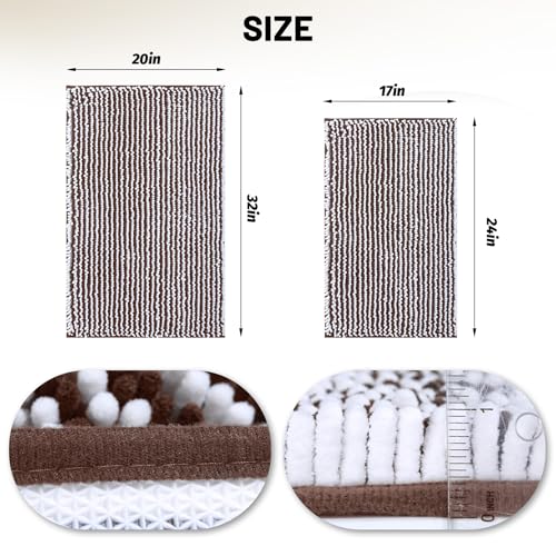 Chenille Bathroom Rugs Set 2 Piece, Absorbent Bath Rugs, Non-Slip Bath Mats, Machine Washable Rugs for Bathroom Floor, Tub and Shower, Coffee&White (20 × 32 Plus 17 ×24 - Inch) - color: Brown &White