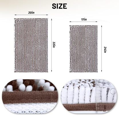 Chenille Bathroom Rugs Set 2 Piece, Absorbent Bath Rugs, Non-Slip Bath Mats, Machine Washable Rugs for Bathroom Floor, Tub and Shower, Coffee&White (20 × 32 Plus 17 ×24 - Inch) - color: Brown &White