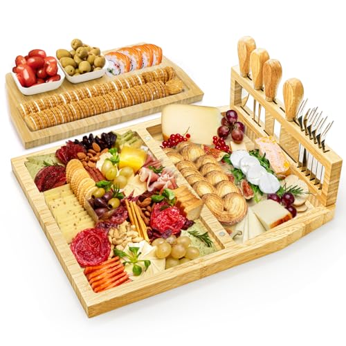 WRINGKIT Charcuterie Boards Set, Utensils Tray and Knife Bowl Included | Bamboo Cheese Platter for Party House Warming Wedding Gift, Meat Serving Board for Couple, Entertaining, Family Gatherings