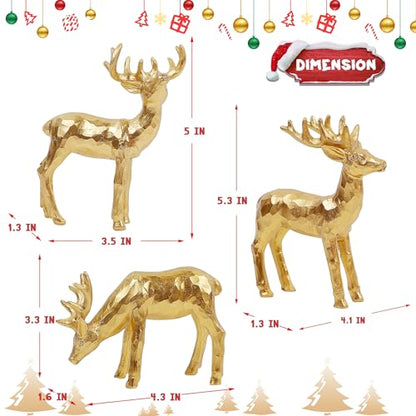 Lulu Home 3 PCS Christmas Tabletop Decorations, Resin Reindeer Peer | Golden Reindeer Figurines, Diverse Postures, Xmas Holiday Winter Centerpieces Ornaments for Mantel Shelf Sill Decor - style: 3 Peers