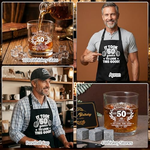 50th Birthday Gifts for Men 50th Birthday Party Supplies | Include 11 Oz Glass Stone Ice Tong Bottle Opener Cap Apron Socks Keychain Greeting Card for Him, Dad, Husband, Friends - style: 50th
