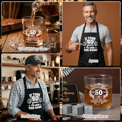 50th Birthday Gifts for Men 50th Birthday Party Supplies | Include 11 Oz Glass Stone Ice Tong Bottle Opener Cap Apron Socks Keychain Greeting Card for Him, Dad, Husband, Friends - style: 50th