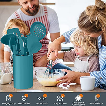 Teal Blue Kitchen Utensils Set, E-far 15-Piece Silicone Cooking Utensils with Holder, Non-stick Cookware Friendly & Heat Resistant, Includes Ladle Spatula Spoon Slotted Turner for Cooking & Baking - color: Teal Blue