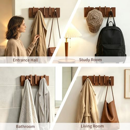 Coat Rack Wall Mount, Walnut 5 Flip-Down Picket Hanger Hooks for Entryway | Heavy Duty 5 Hook Wall Hanger for Coats, Hats, Keys, Bags, Space Saving Hallways Bedroom Bathroom Mounting, Hardware Included - size: 5 Hooks