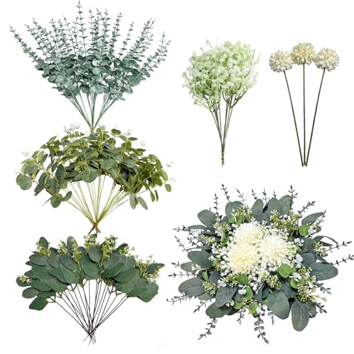 103 Pcs Mixed Artificial Eucalyptus Stems with Baby's Breath, 5 Kinds Faux Greenery Stems Bulk for Wedding DIY Bouquets, Realistic Silk Silver Dollar Eucalyptus Leaves for Vase, Home & Party Decor - color: Color 2