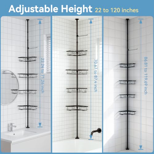 4-Tier Corner Shower Caddy Tension Pole Organizer, Black | Rustproof, Adjustable No-Drill Shelf, 22.24-119.69 in, Bathroom Storage with Soap and Toothbrush Holders, Towel Bar and Hooks