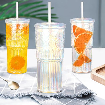Bandesun All Glass Iced Coffee Cup With Lids and Straws，24 OZ Rainbow High Borosilicate Glass Tumbler for Water Smoothie Juice Drinks - color: Rainbow