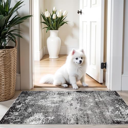 2x4 Washable Runner Rug – Non-Slip Small Throw Rug for Kitchen Floor, Bedroom, Entryway, Bathroom, Bedside – Modern Abstract Neutral Low-Pile Thin Indoor Door Mat（Black Grey,2x4） - color: Black Grey, size: 2' x 4' (Rectangular)