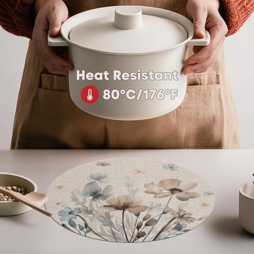 Artoid Mode Brown Poppy Floral Round Placemats Set of 4, 14 Inch Washable Non-Slip Plastic Woven Plastic PVC Place Mats for Farmhouse Party Dining Decor - size: 14", Round 4 Pcs