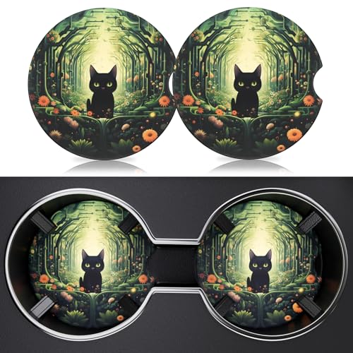 2 Pack Car Cup Holder Coaster, 2.63 inch Anti Slip Insert Absorbent Ceramic Car Coaster with Cork Base and Finger Notch, Cute Car Accessories Interior for Women, Cute Car Coasters., CH0025 - color: Forest Cat