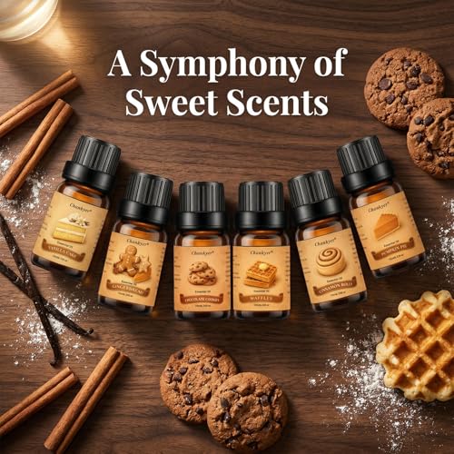 Bakery Essential Oils Set for Diffusers for Home 6 x 10 ml | Chocolate Cookies,Vanilla Cake,Cinnamon Rolls,Pumpkin Pie,Gingerbread Scented Oil for Diffuser,Candle,Soap Making - color: Yellow
