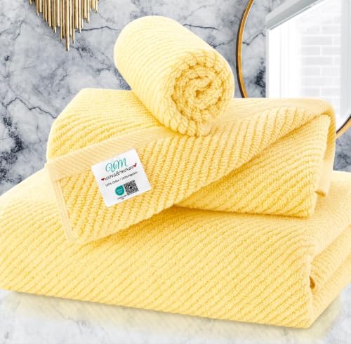 VOOVA & MOVAS 3PC Towel Set, 100% Cotton, Lemon Glow Yellow | 1 Large Bath 30x56 In, 1 Hand 18x28 In, 1 Wash Cloth 13x13 In, Quick Dry, Soft, Thick, Large, Bathroom Essentials - color: Lemon Glow, size: 3 PC Bathroom Towel Set