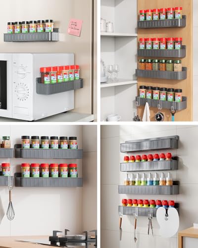 Nieifi Spice Rack Wall Mount, 4 Pack Grey, 2" Depth, Screw/Adhesive | Wall-Mounted with Removable Hooks Saves Counter Space, Fits 2" Deep Jars, Ideal for Kitchen Cabinets, Pantry Doors, and RVs - color: Grey