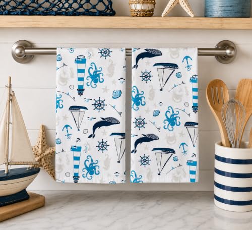 Coastal Kitchen Dish Hand Towel Set: Nautical Ocean Lighthouse Sea Life Design, Set of 3, 100% Cotton (Coastal) - color: Coastal