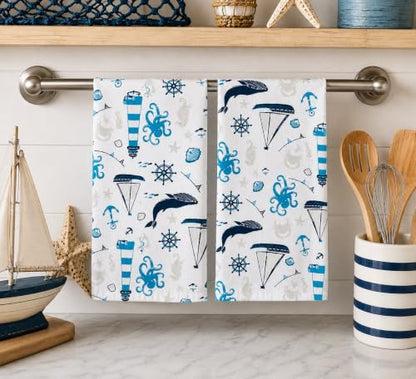 Coastal Kitchen Dish Hand Towel Set: Nautical Ocean Lighthouse Sea Life Design, Set of 3, 100% Cotton (Coastal) - color: Coastal