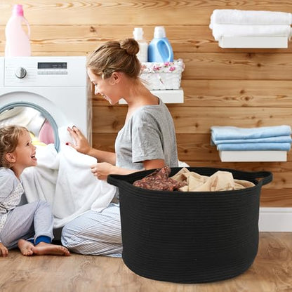XUANGUO Extra Large Cotton Rope Round Storage Basket 22" x 14" Black | Woven basket for blankets, toys, towels, laundry, nursery, living room and pet toy storage. - color: black