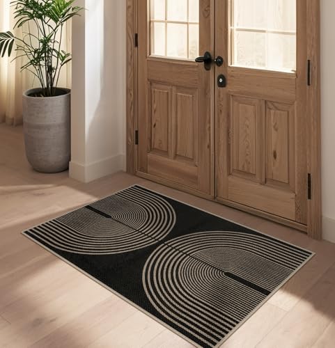 Easy Jute Rainbow Entryway Rug, 2.6x4 Black Washable Non-Slip Indoor Outdoor Doormat, Boho Farmhouse Neutral Kitchen Rug Modern Abstract Throw Rugs for Entrance Bedroom Bathroom - color: Black Rainbow, size: 2.6' x 4' (Rectangular)