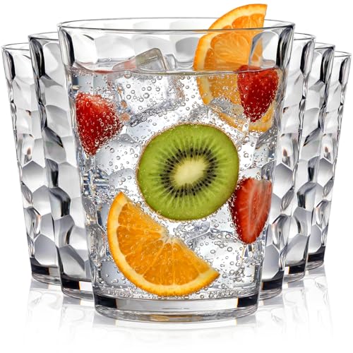 Bravario Hammered Plastic Drinking Glasses - Short Clear Plastic Cups Reusable Set of 6, Thick 16oz Dishwasher Safe Durable Stackable Water Tumblers, BPA-Free - size: Short - Set of 6