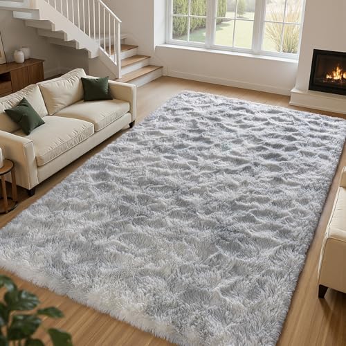 Zentavio Grey and White Area Rugs for Living Room Large Men Room Carpet 6x9 Bedroom Fluffy Furry Shag Aesthetic Plush High Pile Floor Rug for Kids Room Dorm Home Decor Tie-Dyed Grey White - color: Tie-dyed Grey White, size: 6' x 9' (Rectangular)