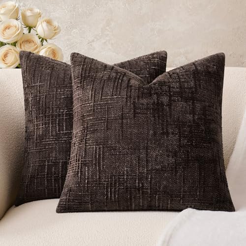 Throw Pillow Covers Brown Set of 2 18x18 Inch Pillow Covers, Soft Chenille Neutral Decorative Covers for Couch Sofa Bed Living Room, Home Modern Farmhouse Boho Decor - color: Brown, size: 18" x 18" (Pack of 2)