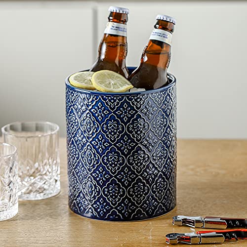 KOOV Kitchen Utensil Holder, Large Utensil Holders for Countertop, 6 x 7 Inches Ceramic Utensil Crock, Deep and Stable, Cooking Utensil Holder, Embossed Pattern (BLue) - color: BLue