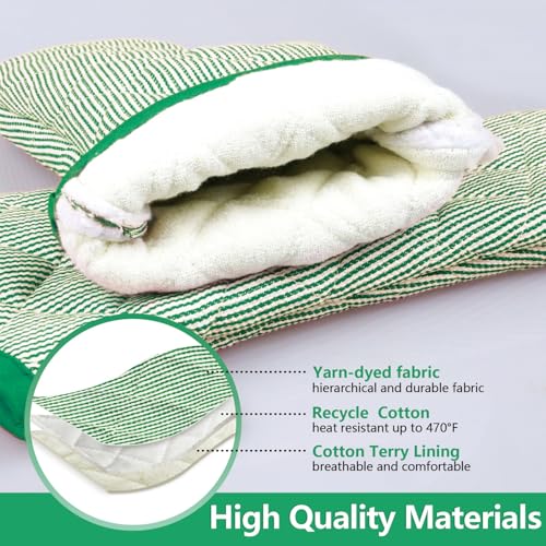 Yarn Dyed Oven Mitts 1 Pair, 100% Cotton Heat Resistant 470 Degree | Oven Gloves for Men Women Cooking Baking Barbecue BBQ Microwave Crafting Machine Washable Pot Holders Mittens (Green 2) - color: Green