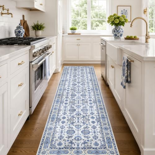 BLISSA Washable Kitchen Runner Rug 2.5x10ft Delft Blue Non-Slip Hallway Rug | Boho Ultra-thin Soft Vintage Floral Carpet Farmhouse Distressed Low-Pile Long Runner Rug for Entryway laundry room bedroom - color: Delft Blue, size: 2'6" x 10' (Rectangular)