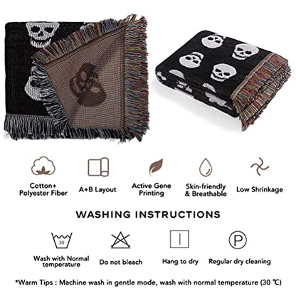 Horror Style Halloween Skulls Throw Woven Blanket with Tassel for Home Decoration Chair Couch Sofa Bed Beach Travel Picnic Cloth Tapestry Shawl Cozy Cotton (Black 63×51 Inches)