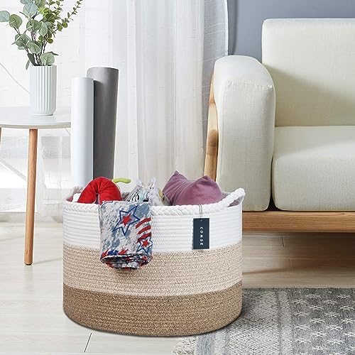 COMSE XXXLarge Woven Blanket & Laundry Basket, 87L, White & Gradient Brown | 21.7" x 13.8", Cotton Rope, Nursery Hamper for Storage of Toys Clothes Towels, Ideal for Living Room Bedroom Bathroom - color: White & Gradient Brown