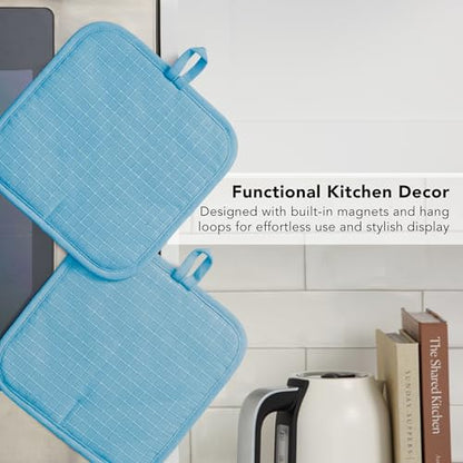 KITCHENAID Gourmet Series Gridlines Pot Holders 2-Pack Set, Heat Resistant up to 600°F, Soft Silicone Grip, Magnetic Cuff, Blue Velvet, 8"x8" - color: Blue Velvet