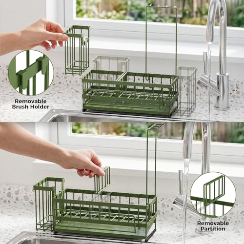 Kitchen Sink Organizer, Stainless Steel Sponge Holder, Green | Rust-Resistant Steel, Detachable Draining Board, Compartment Divider, Brush Holder & Towel Bar, Ideal for Kitchen Storage - color: Green