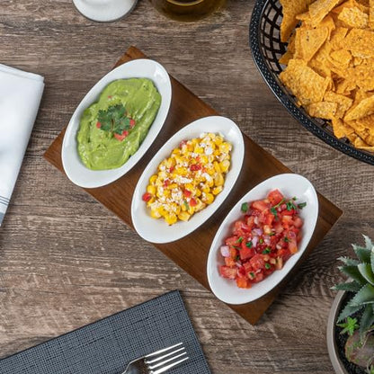 Restaurantware-9 Ounce Bowl Set with Tray - 1 Dishwashable Serving Set, Includes 3 Porcelain Bowls And 1 Bamboo Tray, Durable, White Porcelain And Bamboo Bowl And Platter Kit, Reusable, Freezable - size: Triple set, style: Ellipse