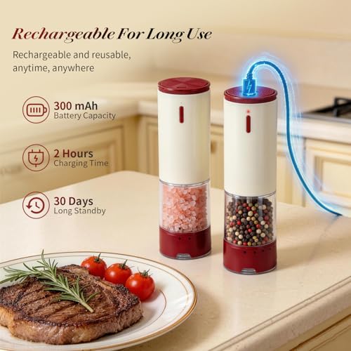 Electric Salt and Pepper Grinder Set Automatic Rechargeable for Mom-2 PCS | Salt and Pepper Shakers Kitchen Appliances with Storage Base External Adjustable Coarseness & Upgraded Large Capacity Gifts