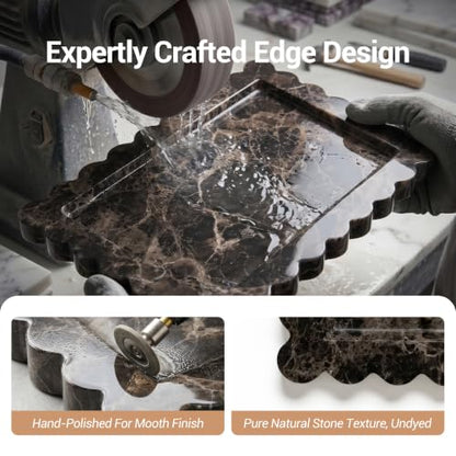 Large Dark Brown Marble Vanity Tray, Scalloped Bathroom Counter Tray | Elevates Countertops with Timeless Natural Stone Beauty - color: Dark Brown