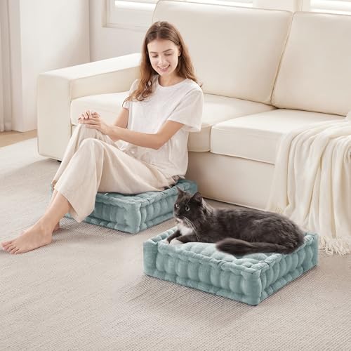 Intelligent Design Floor Pillow Large Meditation Cushion, 20x20 Aqua | Sitting for Adults Yoga, Shredded Foam Filled, Chenille Tufted Cover, Handsewn Scalloped Edge, OEKO-TEX Certified - color: Aqua