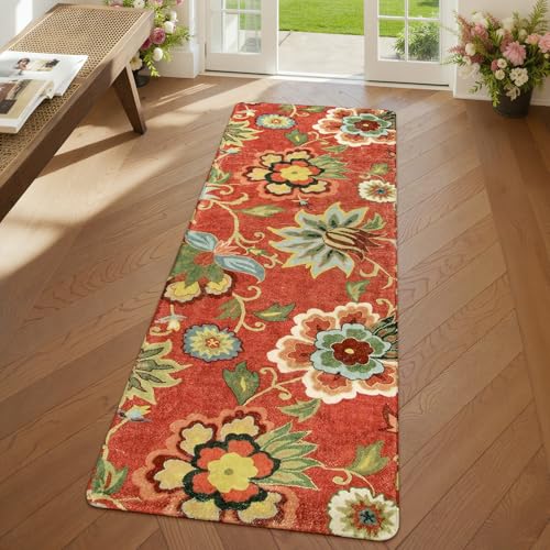 Lahome Floral Red Christmas Runner Rug 2x5, Washable Kitchen Hallway Runner Rug, Vintage Soft Christmas Throw Non-Slip Carpet for Entryway Living Room (2'x5', Red) Cloris - color: 2-coral, size: 2' X 5' (Rectangular)
