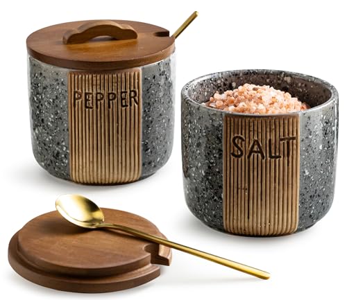 Salt and Pepper Containers for Countertop, Ceramic Salt Pepper Bowls | 10 OZ Salt Cellar with Wooden Lid and Spoons, Farmhouse Salt and Pepper Set of 2, Marble Design, Easy Access, Gray - color: Gray, size: Set of 2
