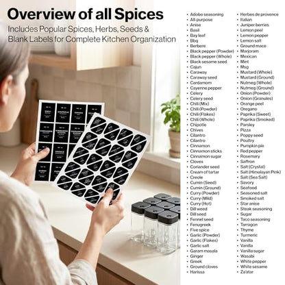 Square Glass Spice Jars with Label and Black Rotating Lids (24 x 4oz) Spice Containers with 240 Labels, Shaker Inserts, Silicone Funnel, Empty Square Empty Square Seasoning Organizer