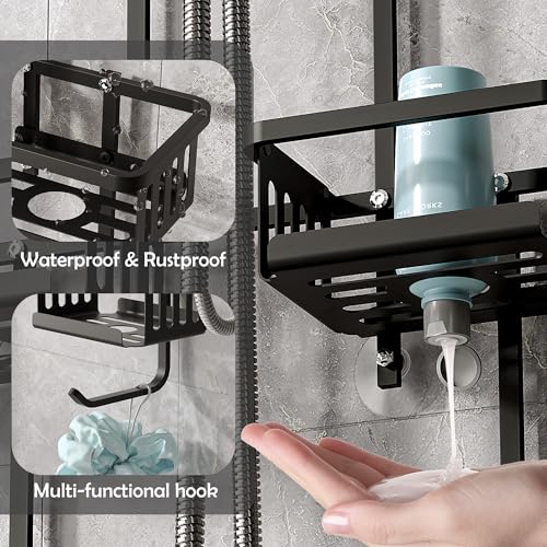Aluminum Shower Caddy Hanging for Handheld Showerheads, Never Rust Shower Organizer with Hooks Holder Toothbrush Holder，Over Showerhead Caddy for Bathroom, Black - color: Black