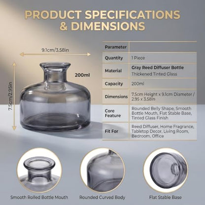 200ml Gray Glass Reed Diffuser Bottle, Empty Refillable Aromatherapy Jar | Wide body for better fragrance dispersion Narrow neck fits most standard reed sticks - color: Grey