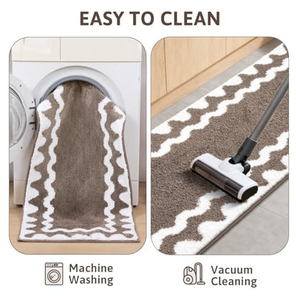 Findosom Bathroom Rugs Sets 5 Piece, Absorbent Soft Non-Slip Bath Rug Set | Washable Microfiber Shaggy Bath Mat Set with Bathroom Runner Rug, U-Shaped Toilet Rugs, Shower Rug & Toilet Lid Cover, Brown - color: Brown & White, size: 18"x26"+20"x32"+20"x48"+