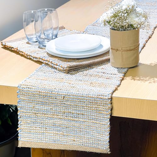 Natural Jute Table Runner, 13x72 Inch | Sky Blue-White, Vintage Boho Rustic Decor, Handwoven, Farmhouse Dining or Console Table Accent - color: Natural Jute-sky Blue-white, size: 13x72 Inch.