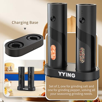 Electric Salt and Pepper Grinder Set Automatic Pepper Mill Grinder | Charging Base & LED Light, Adjustable Coarseness, Large Capacity, One-handed Operation, for Kitchen, Restaurant, Outdoor