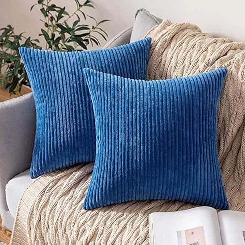 18x18 Throw Pillow Covers Pack of 2, Soft Corduroy Striped Boho Throw Pillow Covers,Cushion Case,Decorative Pillow Covers for Living Room Home Decor Cushion Farmhouse - color: Blue
