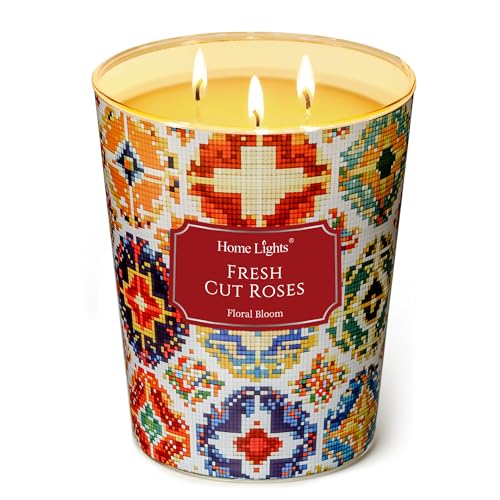 HomeLights 3-Wick Candles for Home Scented - 34oz Soy Wax Blend Candle Long-Lasting Fragrance, Bohemian Natural Textures Home Decor and Housewarming Gifts, Fresh Cut Roses - color: Fresh Cut Roses, size: 34oz 3-wick