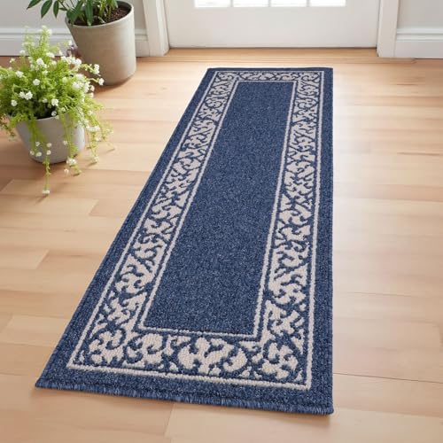 20 x 59 Inch Runner Rug Non-Slip Area Rug for Hallway – Low Profile Water Absorbing Kitchen Runner Rug with Rubber Backing – Machine Washable Indoor Mats for Entryway (Navy,20''x59'') - color: Border Navy, size: 1'8" x 4'11" (Rectangular)