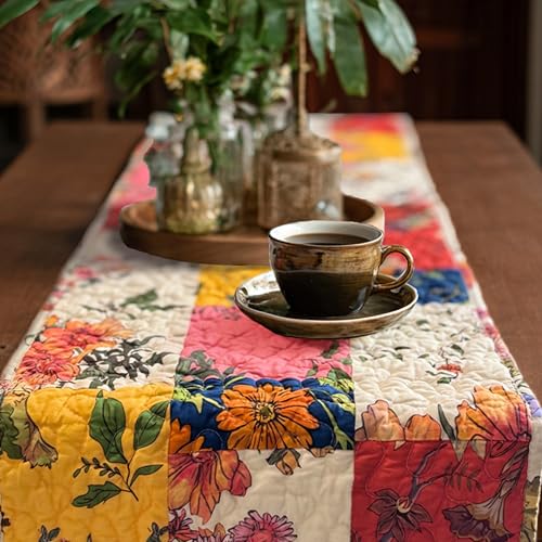 Reversible Patchwork Floral Quilted Table Runner, 13 x 72 Inch | 13 x 72-inch reversible cotton table runner, patchwork front, white-ground floral back, gift boxed, machine washable