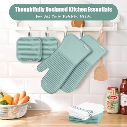 Oven Mitts and Pot Holder Sets with Silicone Grip, 500°F Heat Resistant-6 Pack Dishcloth/Dish Towels for Kitchen 100% Cotton-Value Kitchen Essentials for Cooking, Baking, Grilling-Mint Green - color: Mint Green