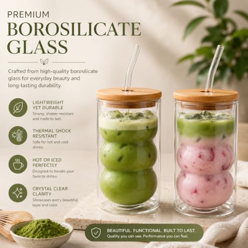 HAPPY PATH & CO. 2 Double Wall Glass Cups with Lids and Straws 16oz (480ml) - Glasses Drinking Set | Glass Tumbler with Bamboo Lid | Ribbed Bubble Glass Cups for Matcha, Coffee and Other Smoothies
