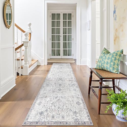 jinchan 2x12 Vintage Floral Rug, Washable Runner Rug, Grey | Distressed Floral Design, Soft Low Pile Surface, Non Slip, Easy Care, Pet Friendly, Hallway Entryway Stairs Laundry Room - color: Distressed Grey Multi, size: 2' x 12' (Rectangular)